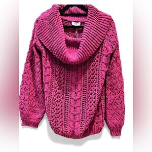 Umgee Fuchsia Chunky Knit Cowl-Neck Sweater, Size L, NWOT